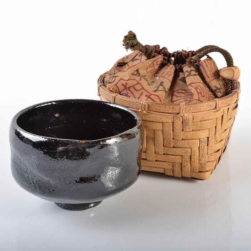 茶道具　楽吉左衛門　黒楽茶碗　極上竹網碗篭付　M　R6158