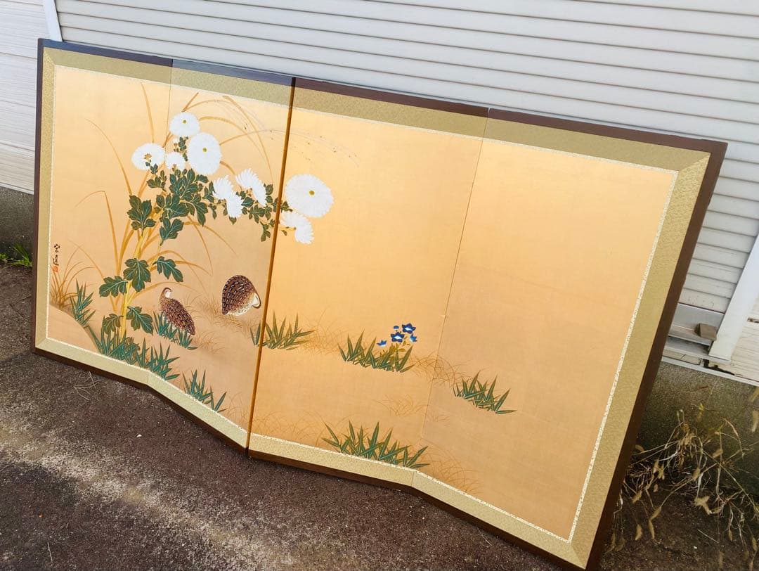 日本画 屏風 花と鳥160cm x 90cm