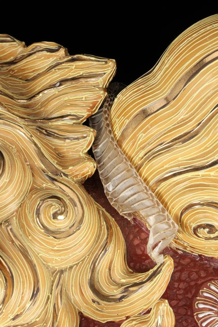 【特大九谷焼】玉乗獅子狛犬 九谷銘 金彩色絵 縁起物 開運 高さ48cm 蛇皮付