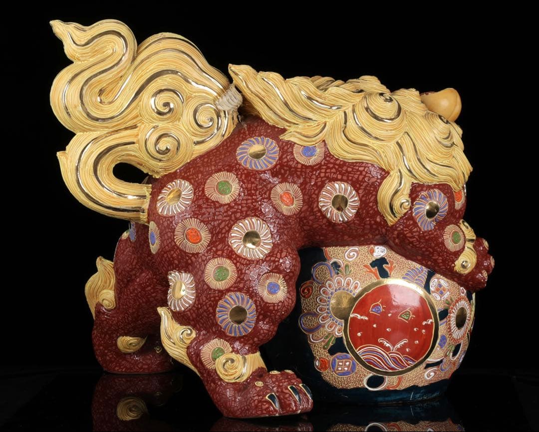【特大九谷焼】玉乗獅子狛犬 九谷銘 金彩色絵 縁起物 開運 高さ48cm 蛇皮付
