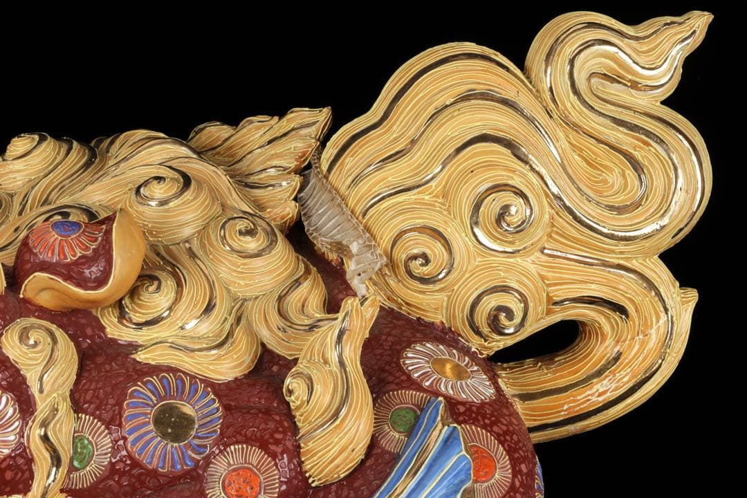 【特大九谷焼】玉乗獅子狛犬 九谷銘 金彩色絵 縁起物 開運 高さ48cm 蛇皮付