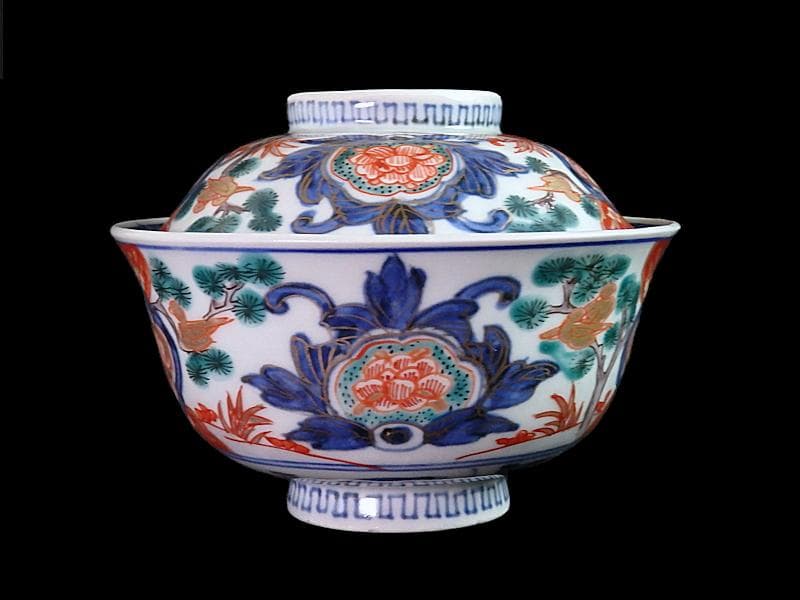 古伊万里　金襴手　窓絵　花鳥紋の図　蓋茶碗　５客　C884AS-CEv