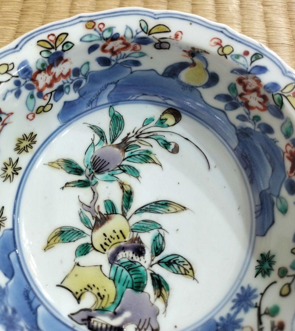 色絵古九谷　柘榴・梅・鳥・花文　小鉢　銀直し有