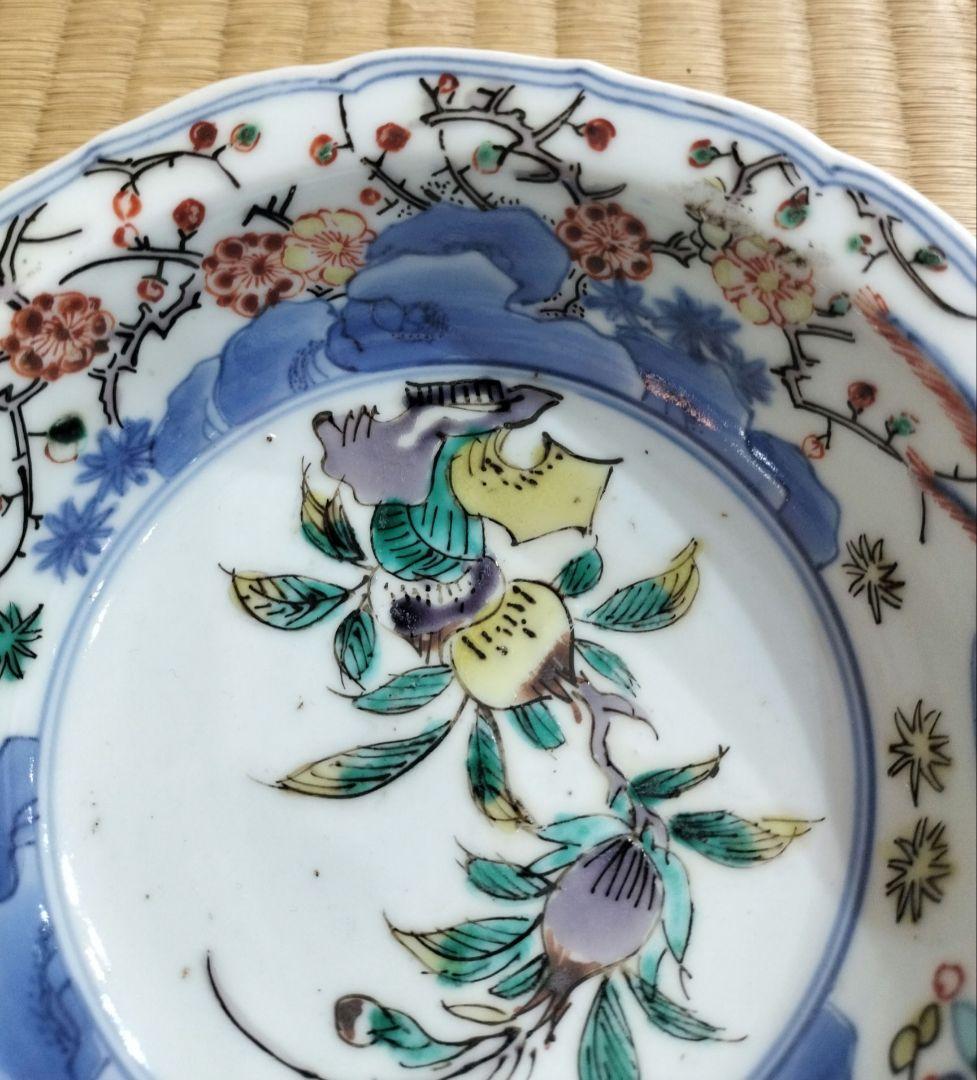 色絵古九谷　柘榴・梅・鳥・花文　小鉢　銀直し有