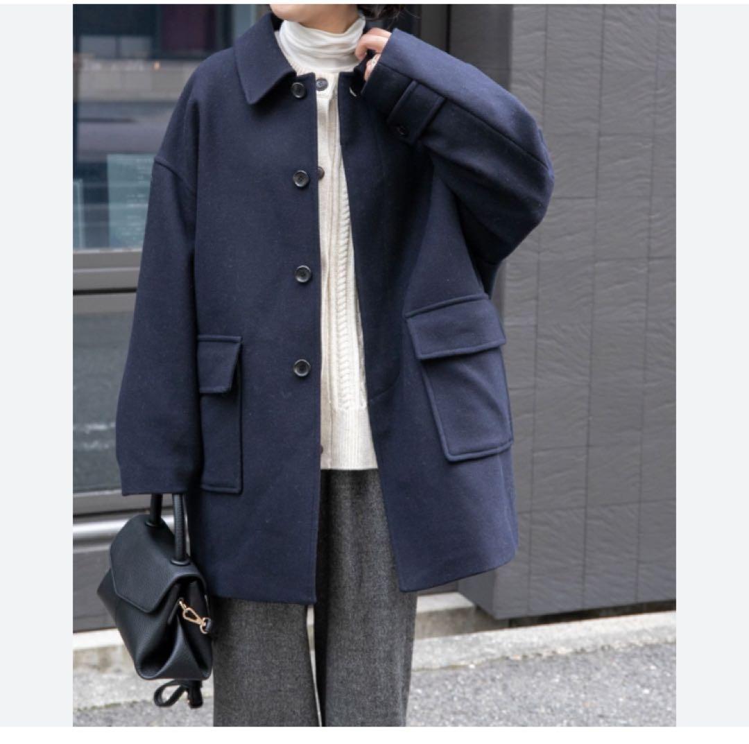 FORK&SPOON　バルカラーミドルコート　ショート　ステンカラー　ネイビー