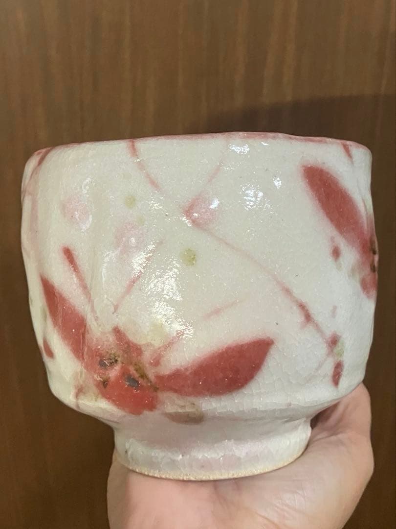 【益子焼】抹茶碗　阿部文貴　白地蝶模様 共箱付