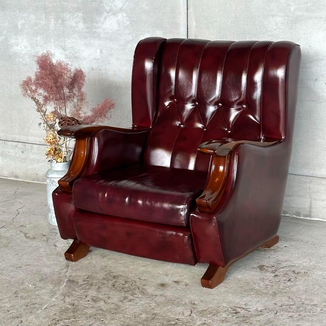 ヴィンテージ　80s〜90s ミッドセンチュリー調 ウイングバック合皮ソファー