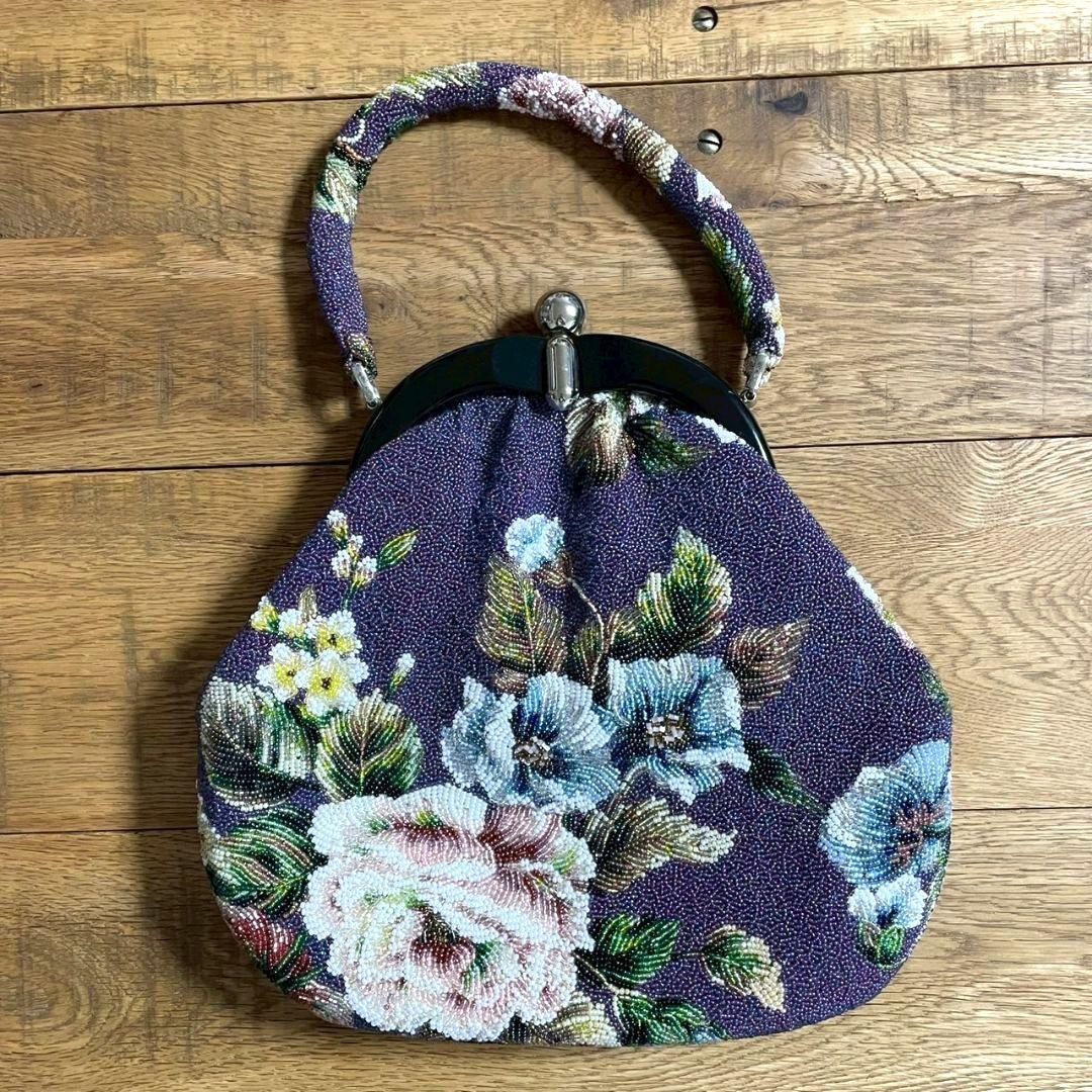 ビンテージ　ビーズバッグ　がま口　花柄　総柄　昭和レトロ　着物　和装