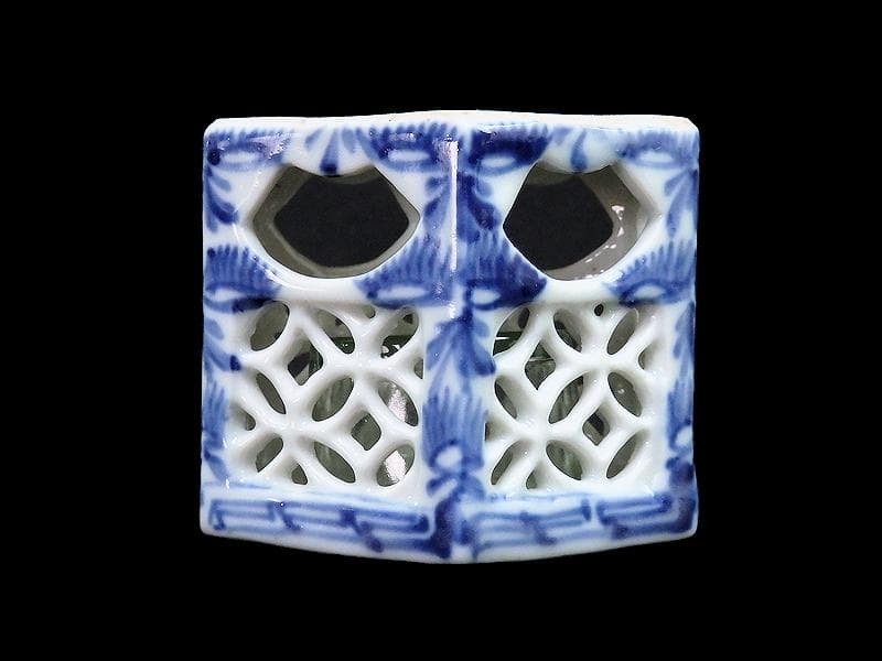 古伊万里　七宝紋透かし　六角大振盃台　ウランガラス付き　E473AS-fblk