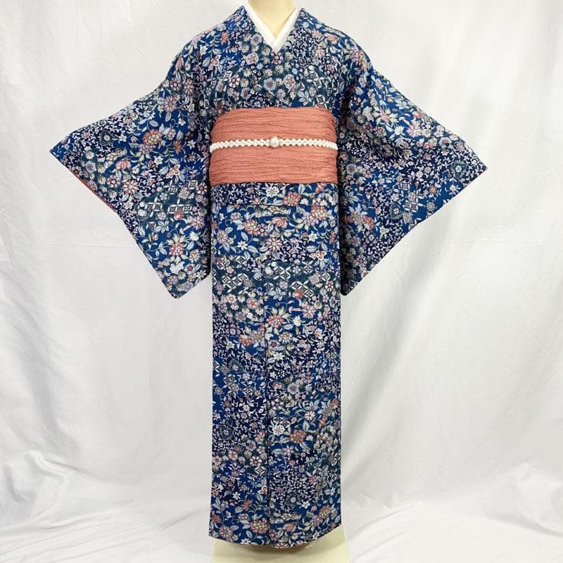 511mk87☆洗える着物！小紋 更紗風 唐花 唐草 青×ピンク☆美品