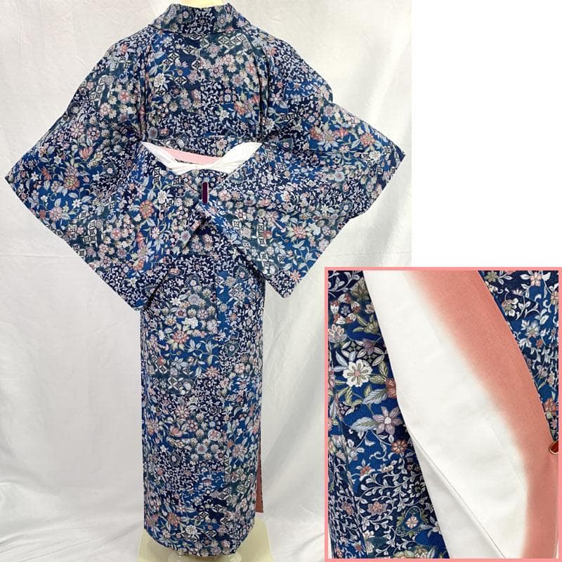 511mk87☆洗える着物！小紋 更紗風 唐花 唐草 青×ピンク☆美品