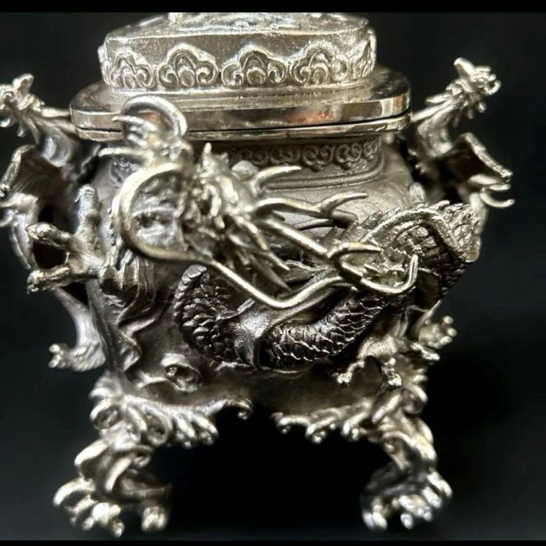 ・伝統工芸 高岡銅器 洋銀 香炉 龍摘 双鳳凰耳　須賀月芳　共箱　保証書付き