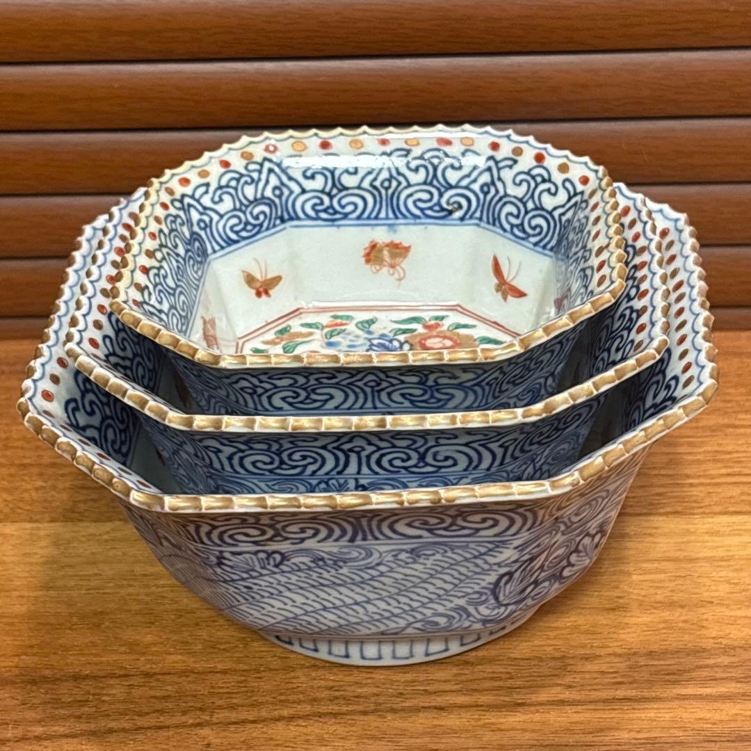 江戸時代□古伊万里　三つ重ね　どんぶり 正月