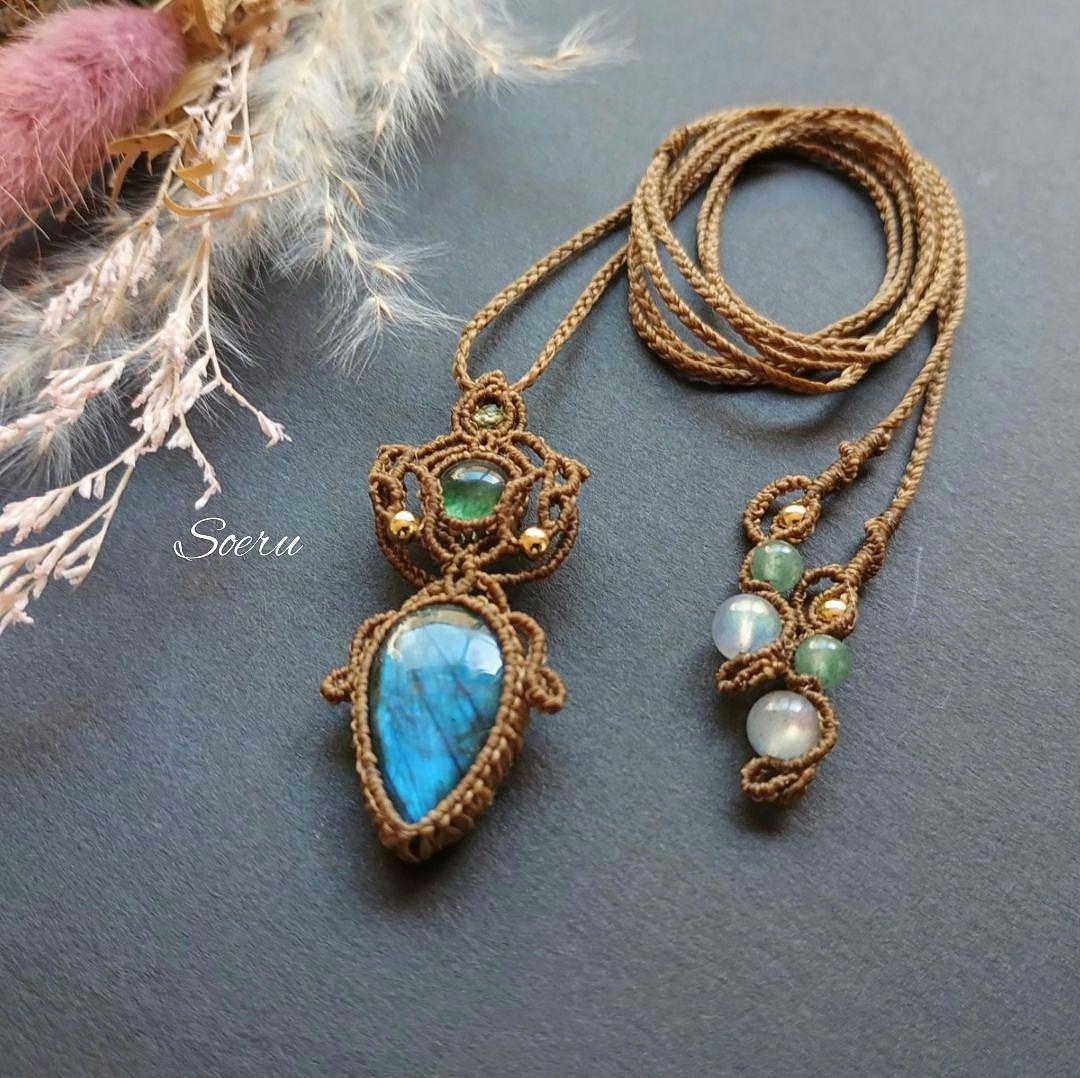 【専用】ラブラドライト＆グリーンストロベリークォーツのマクラメ編みネックレス