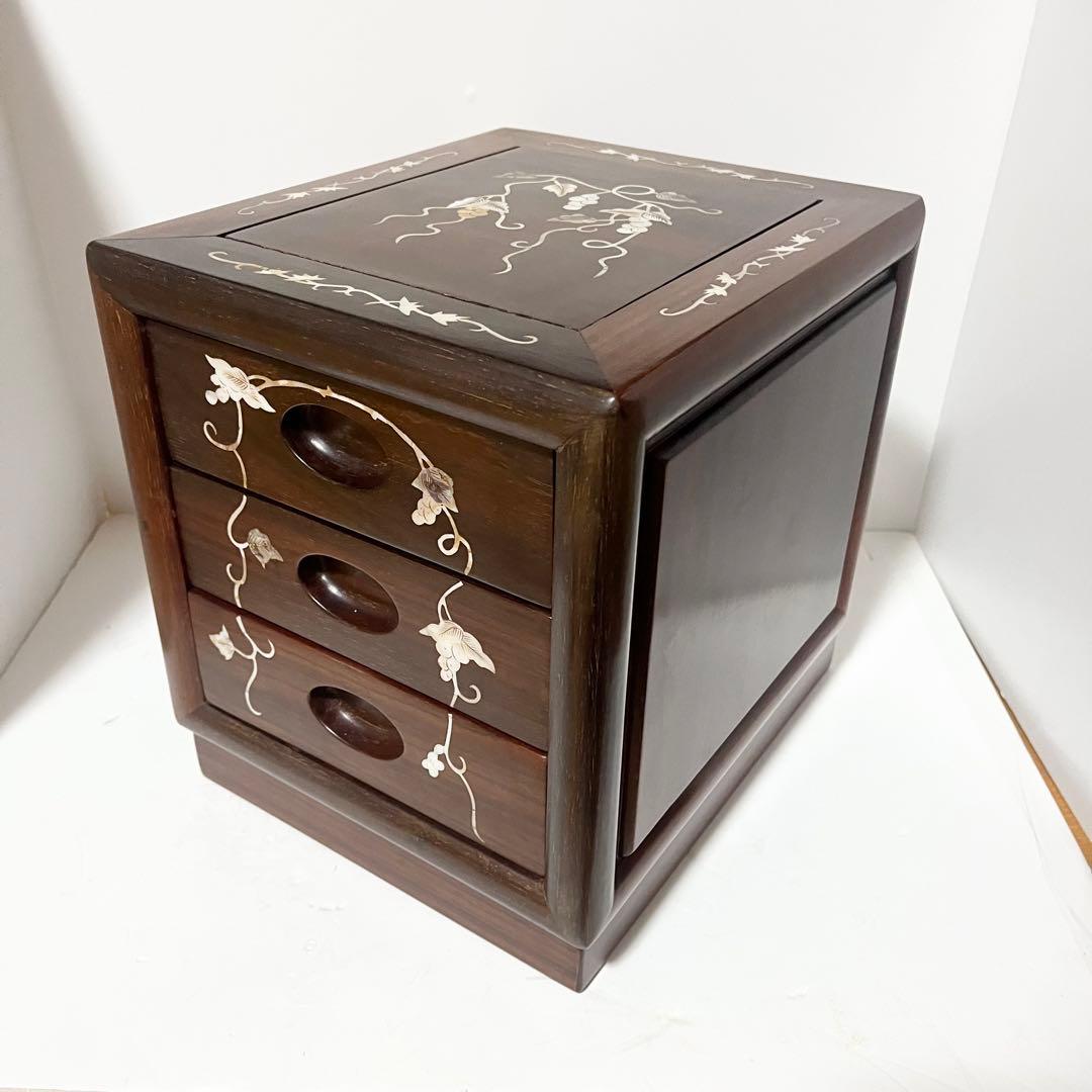 花梨 螺鈿家具 唐木 螺鈿細工 小引出し 3段 李朝 小型チェスト アンティーク