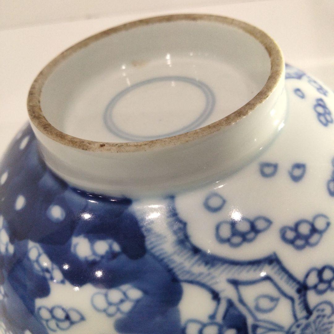 u385 上手 清朝期 古染花青花吹雪画 大振茶碗 鉢 底二輪文 古染付