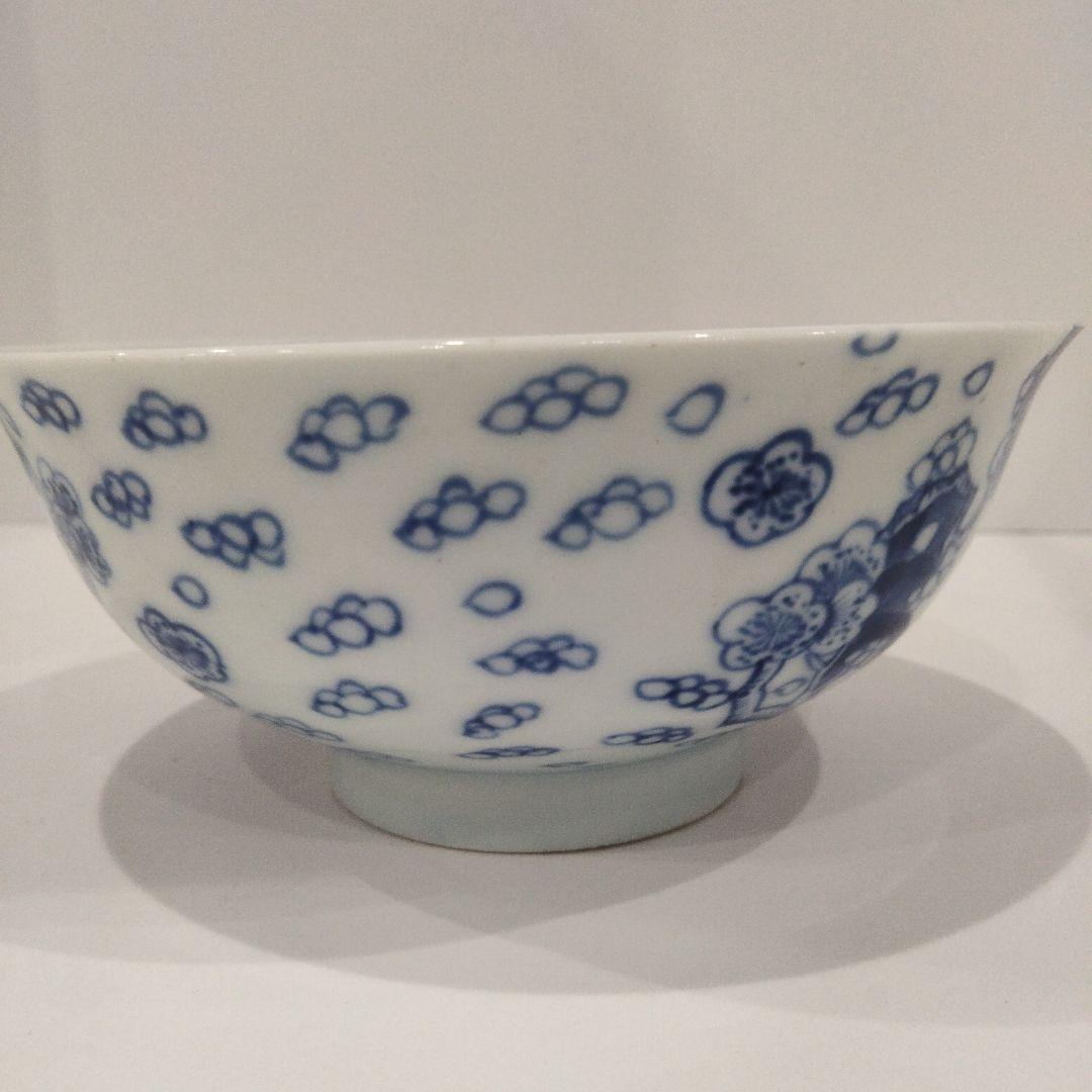 u385 上手 清朝期 古染花青花吹雪画 大振茶碗 鉢 底二輪文 古染付