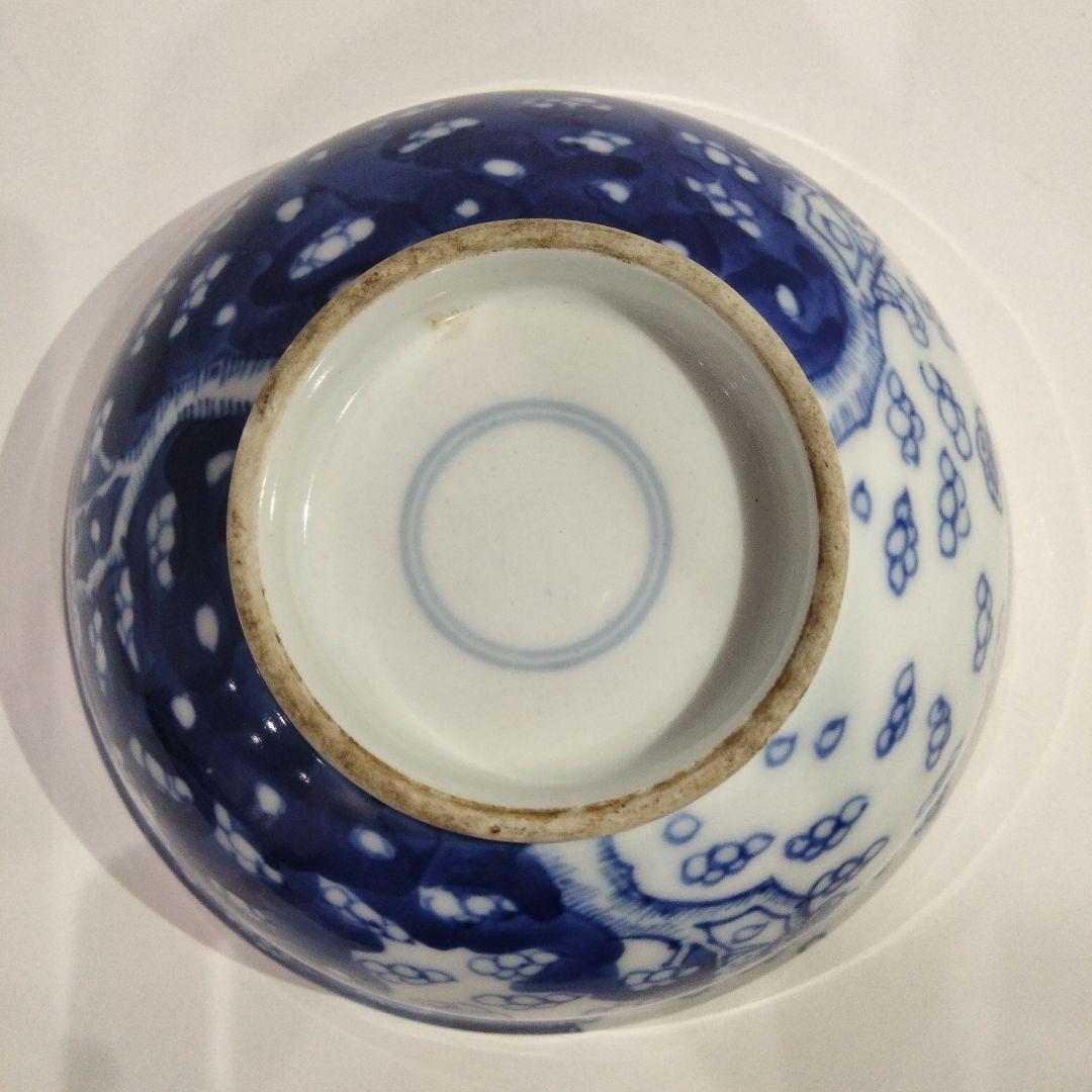 u385 上手 清朝期 古染花青花吹雪画 大振茶碗 鉢 底二輪文 古染付