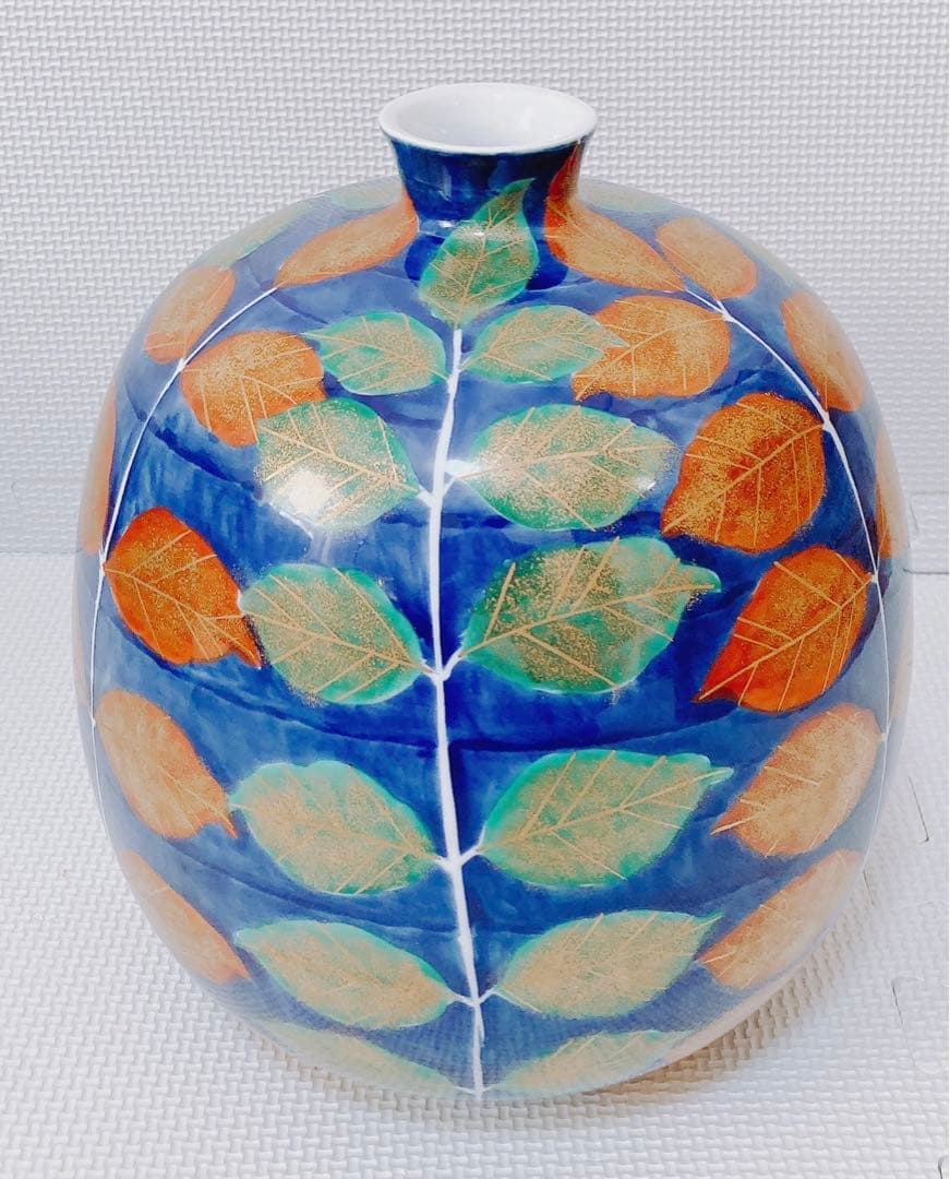 【希少 未使用】藤井錦彩 有田焼 染錦金彩木の葉絵花瓶 限定作品 24.5cm