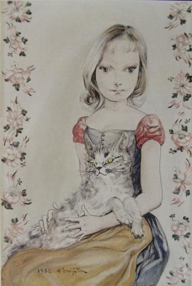 藤田 嗣治、「猫を抱く少女」希少、オーダーマット付額装・画集画、ふじた つぐはる