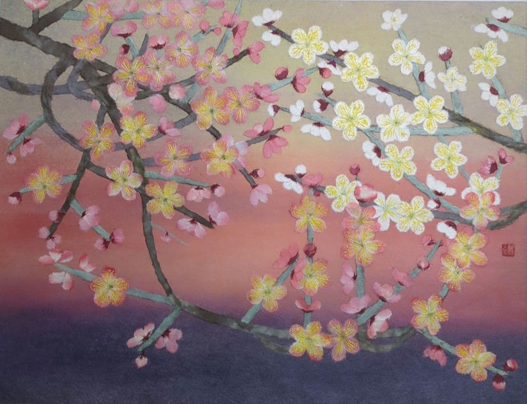 【縁起物】【ちぎり絵】「紅梅・白梅」(P 10サイズ)　暮らしに彩りを