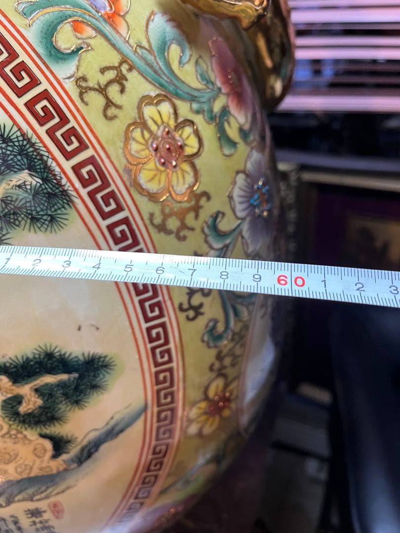 中国美術、嶺東窯製 、金彩花瓶93㌢金彩色絵 大花瓶 、鶴図 、龍、特大花瓶