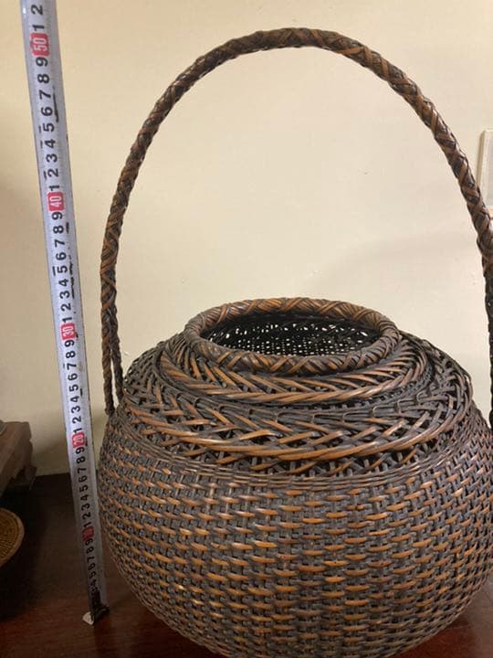 アンティーク竹編み籠　大型　花籠　在銘　美品