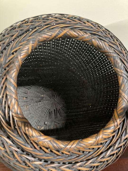 アンティーク竹編み籠　大型　花籠　在銘　美品