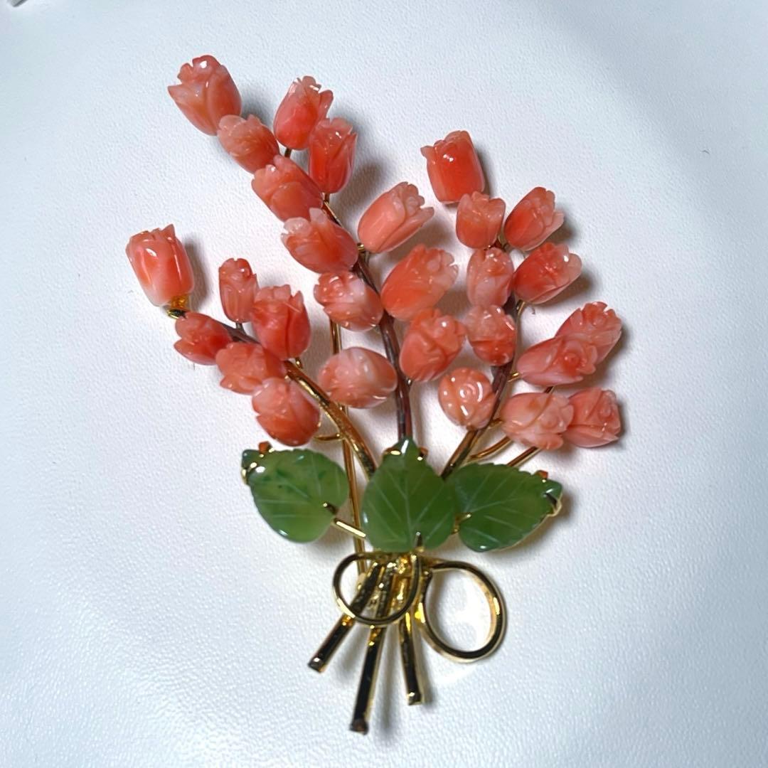 珊瑚 翡翠 サンゴ ヒスイ レトロブローチ M488