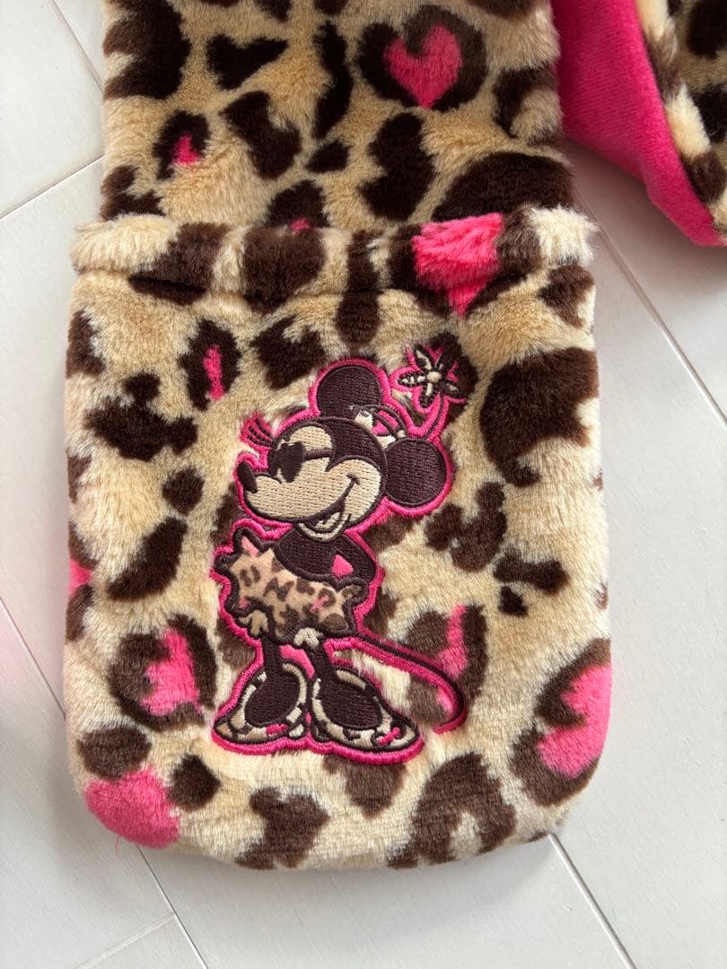 美品！ ディズニー ファンキャップ ミニー 耳付き ヒョウ柄 マフラー