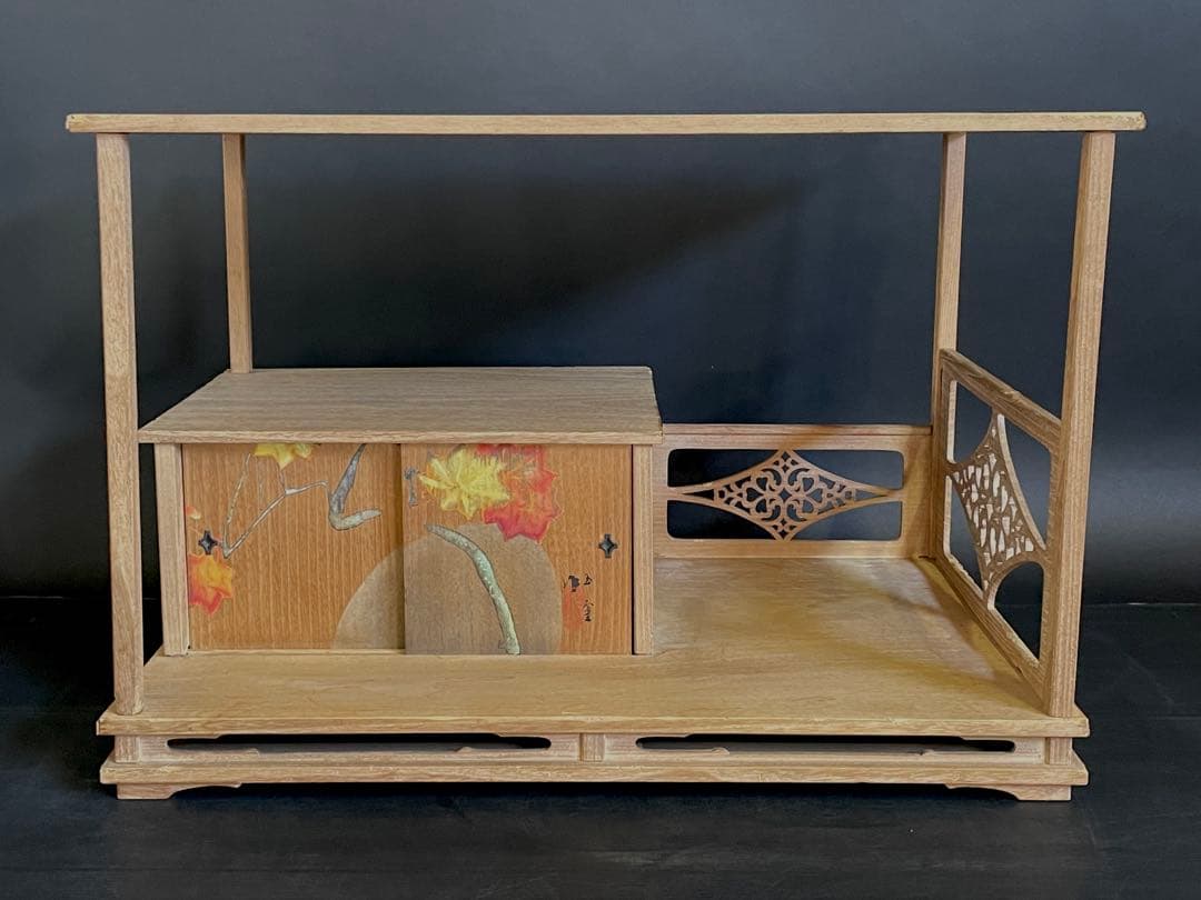 「母」 指物師 善斎 五雲 絵 夕紅葉図 茶棚 煎茶棚 仕舞い箱 茶道具（あ）