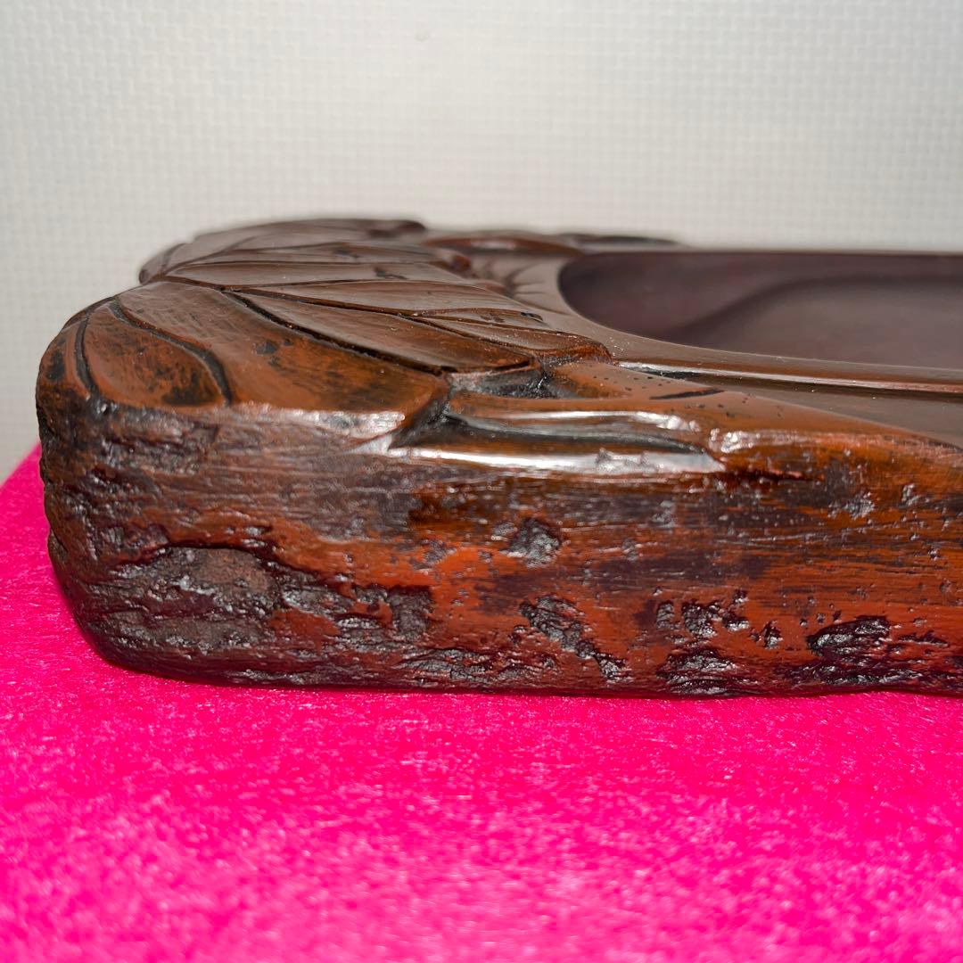 ⭕️赤間硯　龍泉堂　正隆　阿野硯製作所　蔦葉と蔓彫刻硯　珍しく縁内側高　希少硯