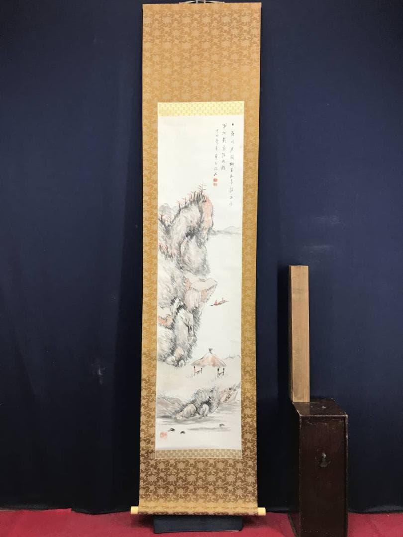 真作/河野華外/江山浮舟画賛/山水図/掛軸☆宝船☆AE-318