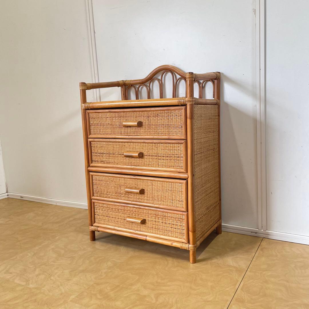 ビンテージ 籐 ラタン 4段チェスト 引き出し 収納 タンス 電話台