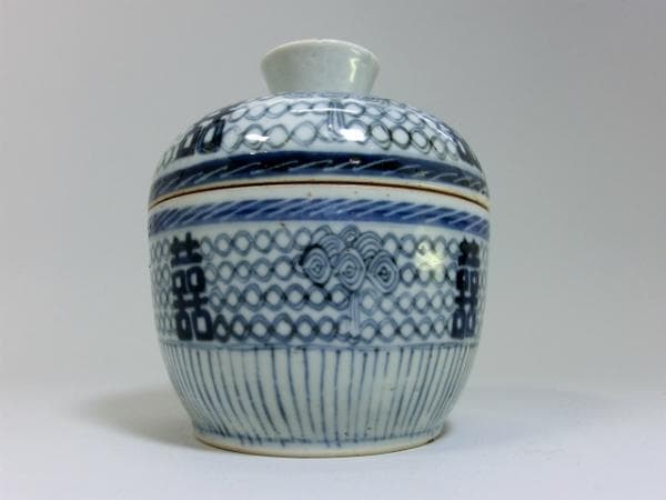 蓋物■中国 古い染付鉢 リボン唐草 蓋鉢 喜 古玩 唐物 古美術 時代物 骨董■