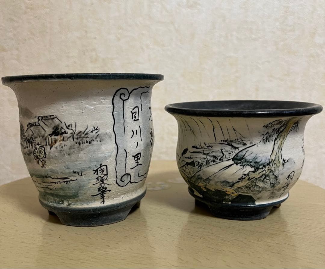 陶翠作　東海道五拾三次画　盆栽鉢