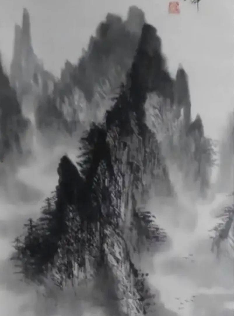 中国の水墨画、盧景春 肉筆漓江煙雨 掛け軸 大幅 名品绘画 。