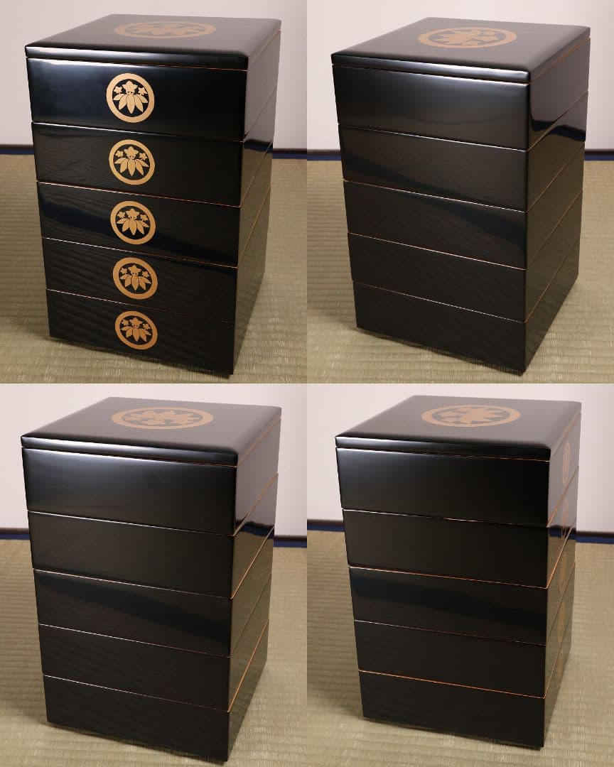 輪島塗 蒔絵家紋付 五段重 丸に笹竜胆 内朱塗 艶消 木製 重箱【MA744】