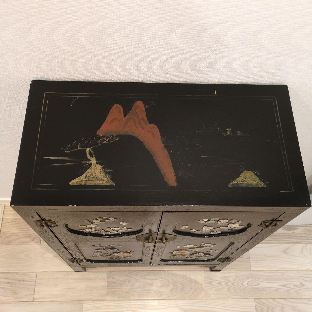 中国家具 キャビネット 花鳥細工 黒塗り 玉石 アンティーク調