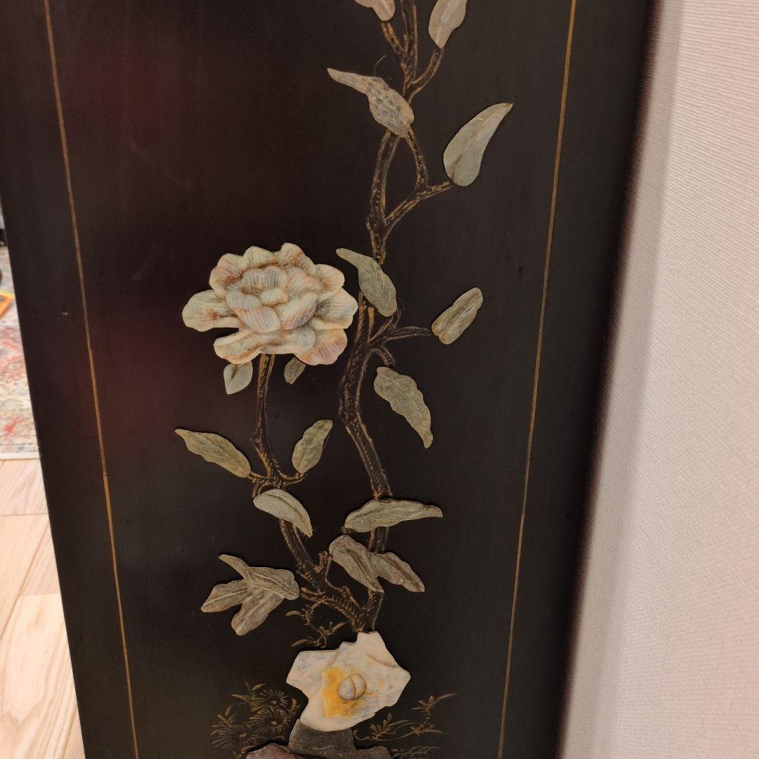 中国家具 キャビネット 花鳥細工 黒塗り 玉石 アンティーク調