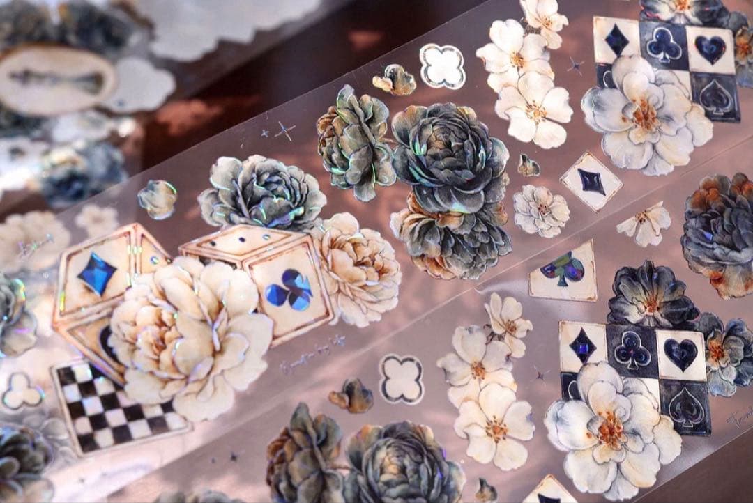 贝壳光 6cm×6m 黑白奕梦 海外マスキングテープ　海外マステ　花　トランプ