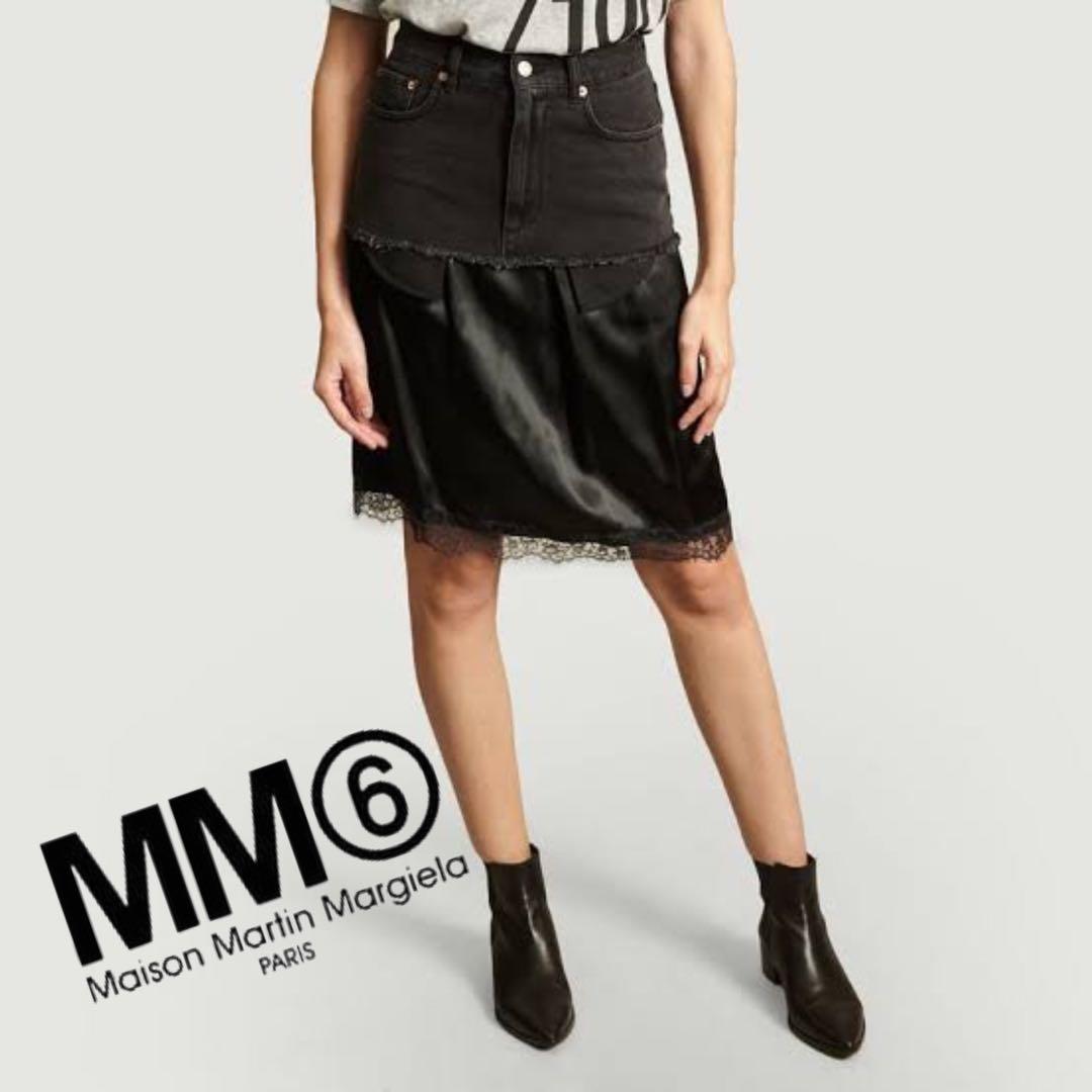 MM6★*ブラックデニム&サテンドッキングスカートS*°♡