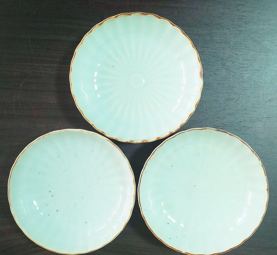 古伊万里 菊花紋 影青のような青白磁 水色なます皿3セット
