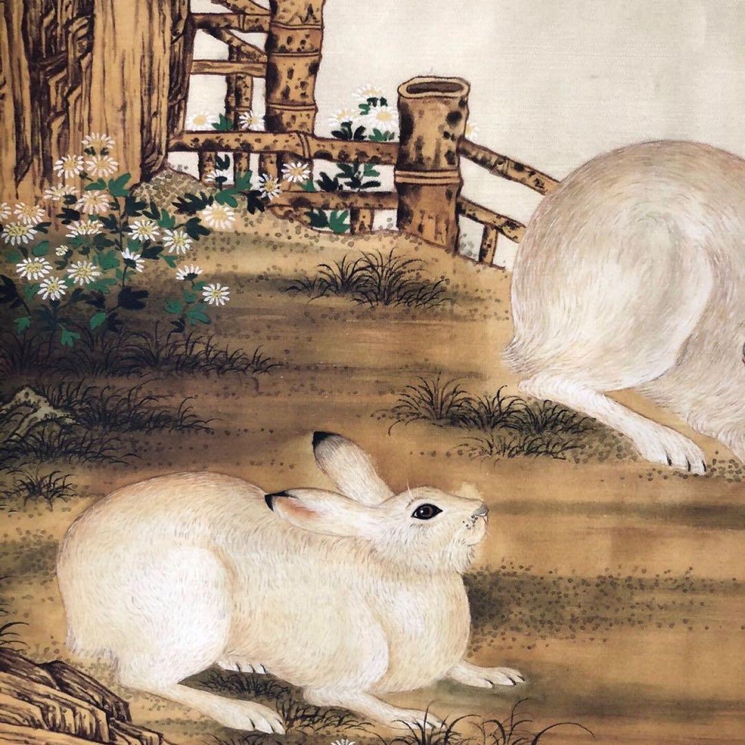 郎世宁 兎図 掛け軸｜三尺中堂｜十二生肖・卯｜表装済み