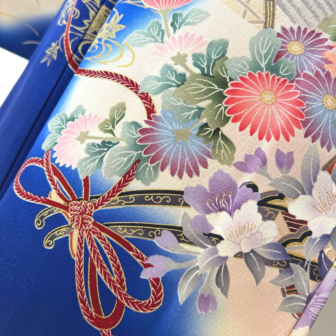 419 振袖フルセット 正絹 青 ブルー 金彩 刺繍 暈し染め
