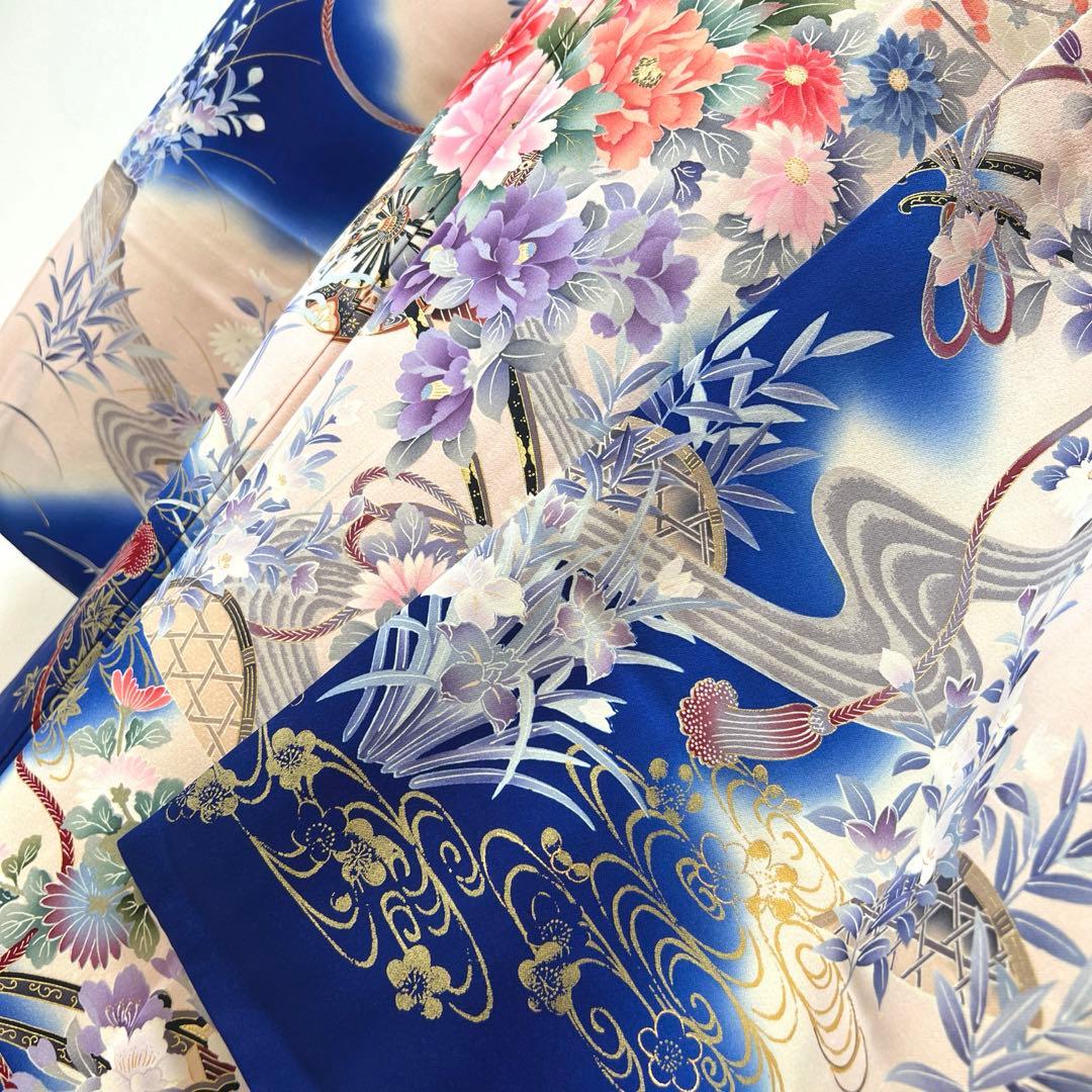 419 振袖フルセット 正絹 青 ブルー 金彩 刺繍 暈し染め