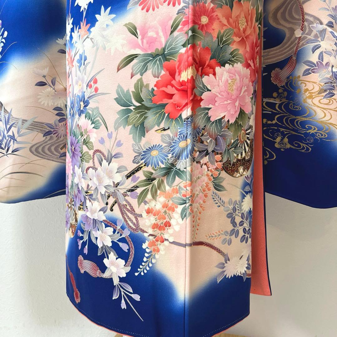 419 振袖フルセット 正絹 青 ブルー 金彩 刺繍 暈し染め