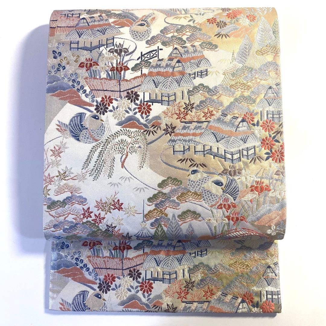 5k524 袋帯　絹　西陣織　まいづる織物　茶辻風景紋　唐織　鴛鴦　花柄　和装