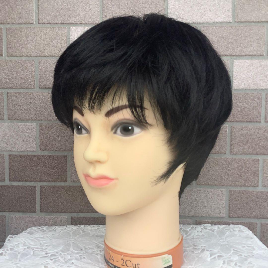 人毛100% 手植えフルウィッグ 医療ウィッグ ショートカール ブラック