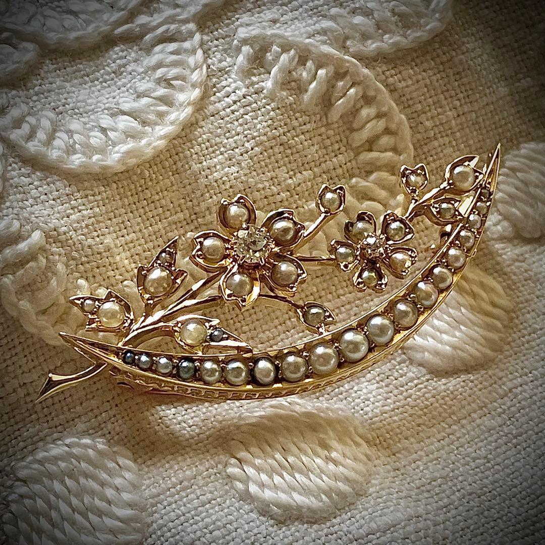 k18 ヴィクトリアン　オールドマインカットダイヤモンド＆シードパール　ブローチ